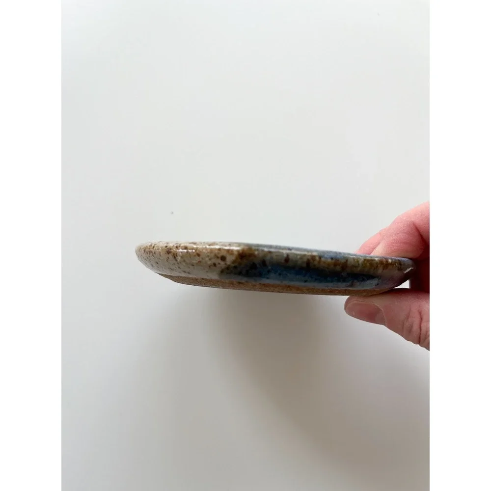 Handmade Stoneware Glazed Pottery Round Soap Dish Signed‎ Blue Cream 4.5